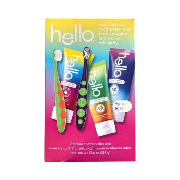 hello Other - hello Kids Toothbrush and Kids Toothpaste Set, 2 Toothbrushes & 3 4.2oz Tubes